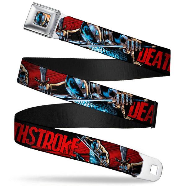 buckle down New 52 Deathstroke Face CLOSE-UP Full Color Red Seatbelt Belt - New 52 DEATHSTROKE Action Poses Black/Red Webbing