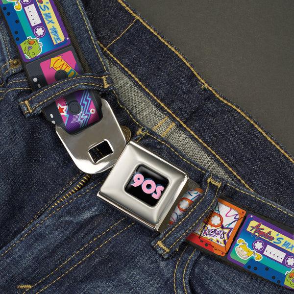 Buckle Down Nick 90'S Rewind Icon Full Color Black/Blue/Pink Seatbelt Belt - Nick 90's Rewind 13-Mash Up Cassette Tapes Black Webbing