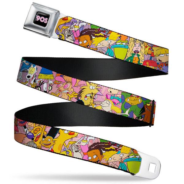 Buckle Down Nick 90'S Rewind Icon Full Color Black/Blue/Pink Seatbelt Belt - Nick 90's Rewind Character Mash Up Collage2 Pinks Webbing