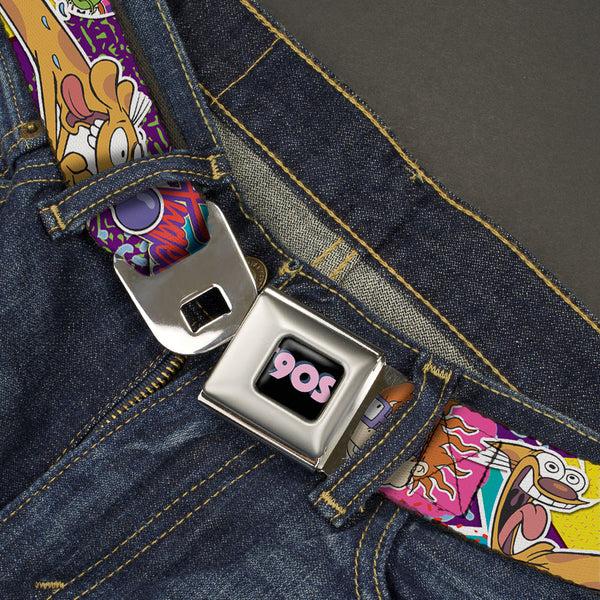 Buckle Down Nick 90'S Rewind Icon Full Color Black/Blue/Pink Seatbelt Belt - Nick 90's Rewind 7-Character/4-Logo Collage Webbing