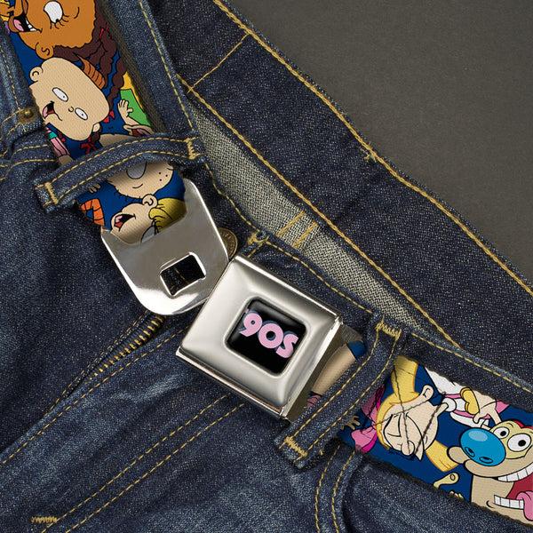 Buckle Down Nick 90'S Rewind Icon Full Color Black/Blue/Pink Seatbelt Belt - Nick 90's Rewind 16-Character Poses Navy Blue Webbing