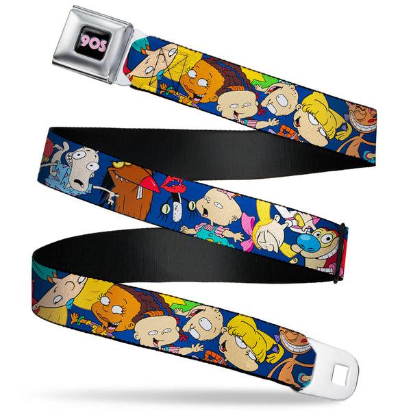 Buckle Down Nick 90'S Rewind Icon Full Color Black/Blue/Pink Seatbelt Belt - Nick 90's Rewind 16-Character Poses Navy Blue Webbing