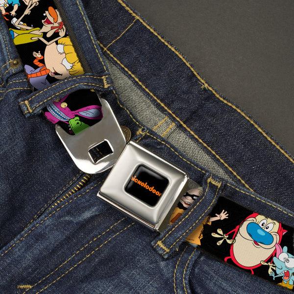 Buckle Down NICKELODEON Logo Full Color Black/Orange Seatbelt Belt - Nick 90's 13-Character Poses Black Webbing