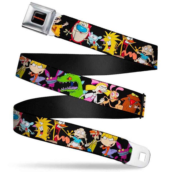 buckle down NICKELODEON Logo Full Color Black/Orange Seatbelt Belt - Nick 90's 13-Character Poses Black Webbing
