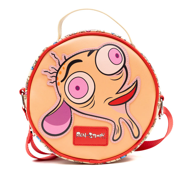 Buckle Down Nickelodeon Vegan Leather Round Crossbody Bag With Adjustable Straps Ren And Stimpy Character Face Close Up Appliques Red Beige