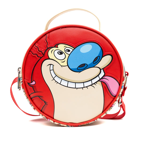 Buckle Down Nickelodeon Vegan Leather Round Crossbody Bag With Adjustable Straps Ren And Stimpy Character Face Close Up Appliques Red Beige