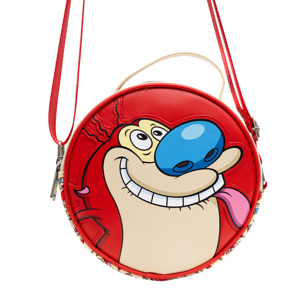 buckle down Nickelodeon Vegan Leather Round Crossbody Bag with Adjustable Straps Ren and Stimpy Character Face Close Up Appliques Red Beige