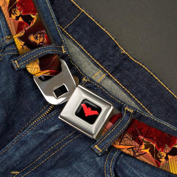 Buckle Down Nightwing Logo Full Color Black Red Seatbelt Belt - NIGHTWING Poses/Bats Welcome To Gotham Comic Book Cover Webbing