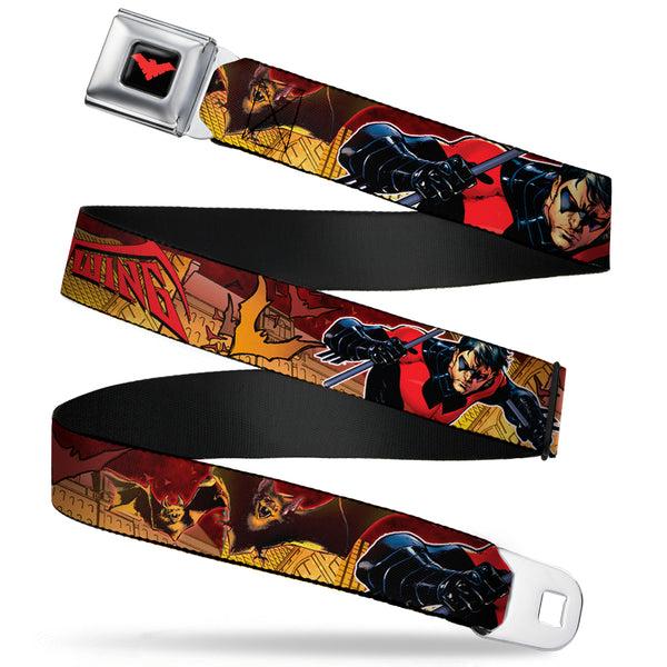 buckle down Nightwing Logo Full Color Black Red Seatbelt Belt - NIGHTWING Poses/Bats Welcome to Gotham Comic Book Cover Webbing