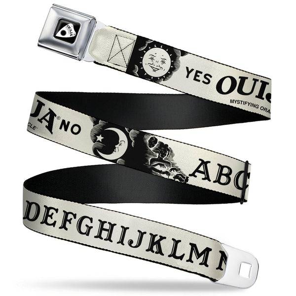 buckle down OUIJA Board Logo Planchette Full Color Red/White Seatbelt Belt - OUIJA Board Letters and Elements Beige/Black Webbing