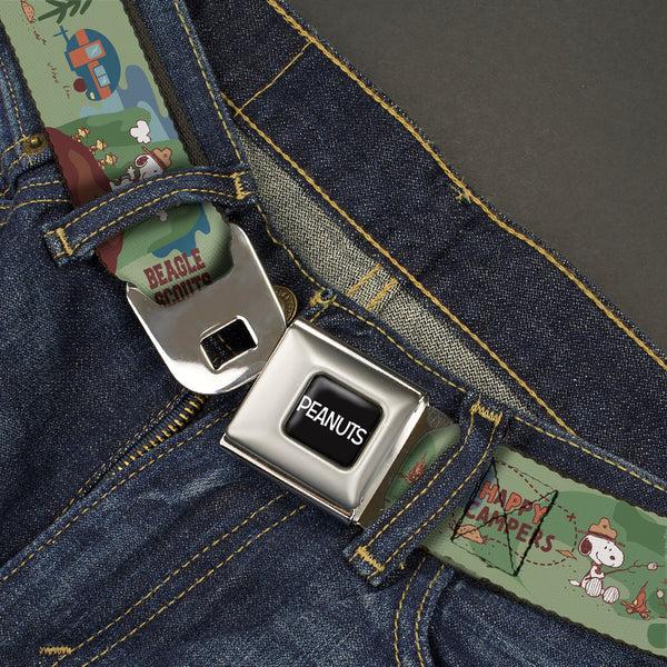 Buckle Down PEANUTS Title Logo Full Color Black/White Seatbelt Belt - Peanuts HAPPY CAMPER BEAGLE SCOUTS Scenes Webbing