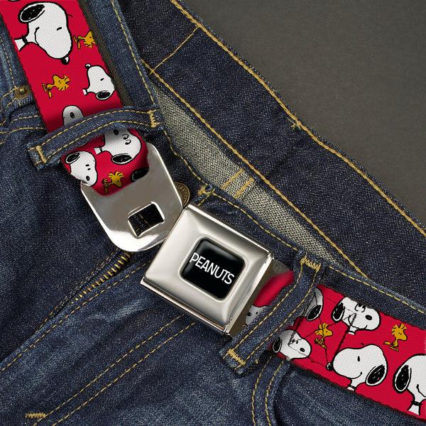 Buckle Down PEANUTS Title Logo Full Color Black/White Seatbelt Belt - Peanuts Snoopy And Woodstock Poses Scattered Red Webbing