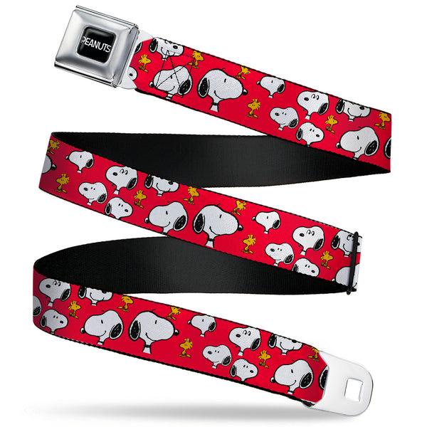 buckle down PEANUTS Title Logo Full Color Black/White Seatbelt Belt - Peanuts Snoopy and Woodstock Poses Scattered Red Webbing