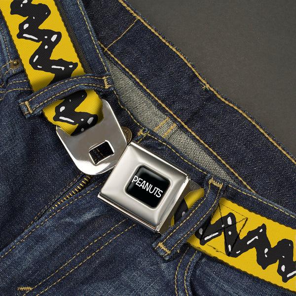 Buckle Down PEANUTS Title Logo Full Color Black/White Seatbelt Belt - Peanuts Charlie Brown Zig Zag Stripe Yellow/Black Webbing