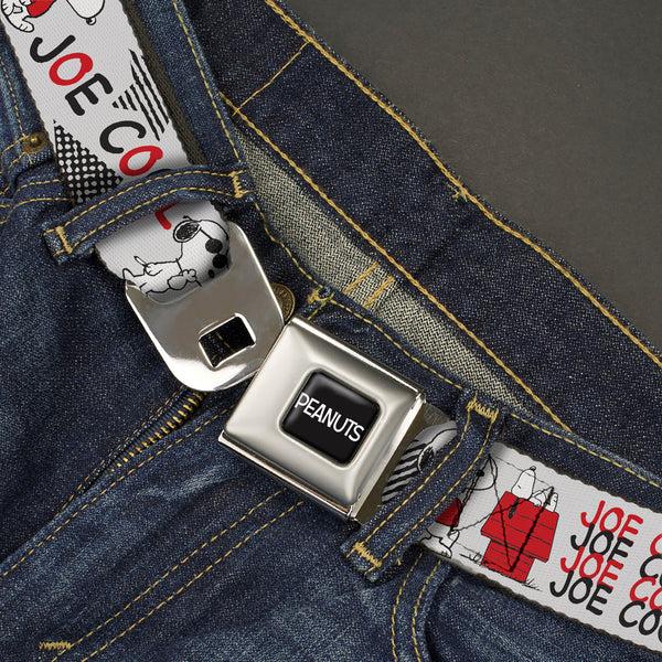 Buckle Down PEANUTS Title Logo Full Color Black/White Seatbelt Belt - Peanuts JOE COOL Snoopy Poses And Text Gray/Black/Red/White Webbing