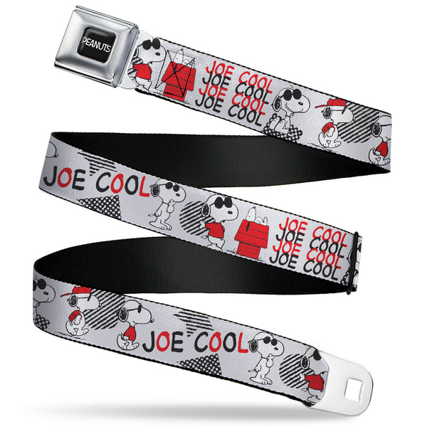 buckle down PEANUTS Title Logo Full Color Black/White Seatbelt Belt - Peanuts JOE COOL Snoopy Poses and Text Gray/Black/Red/White Webbing