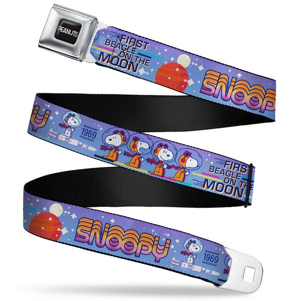 buckle down PEANUTS Title Logo Full Color Black/White Seatbelt Belt - Peanuts Astronaut Snoopy Launch Poses and Text White/Multi Color Webbing