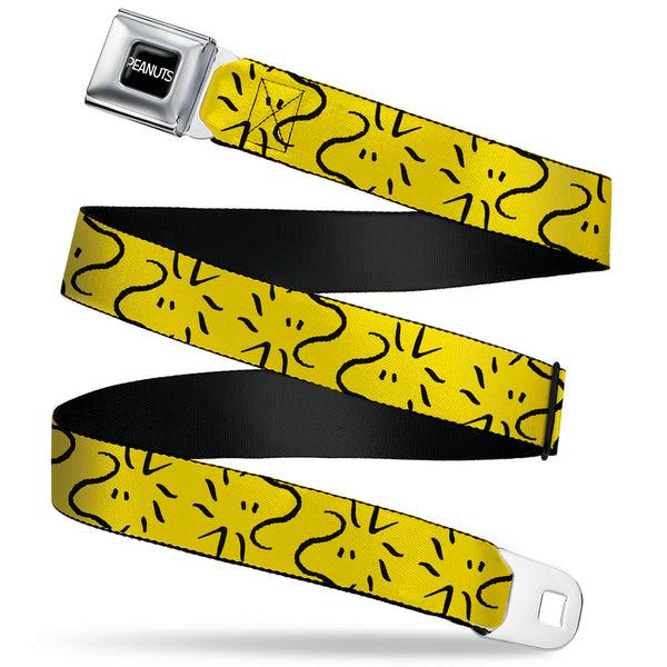 buckle down PEANUTS Title Logo Full Color Black/White Seatbelt Belt - Peanuts Woodstock Line Face Line Art Yellow/Black Webbing