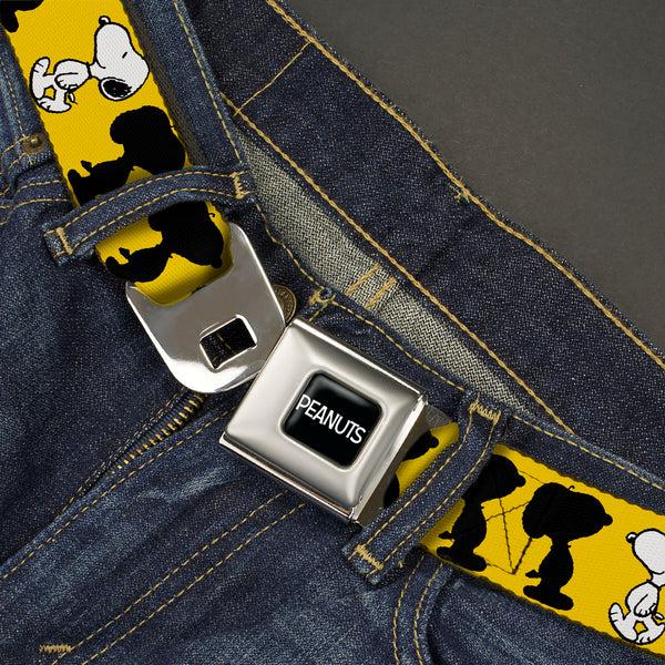 Buckle Down PEANUTS Title Logo Full Color Black/White Seatbelt Belt - Peanuts Snoopy Walking/Silhouette Pose Yellow/Black/White Webbing
