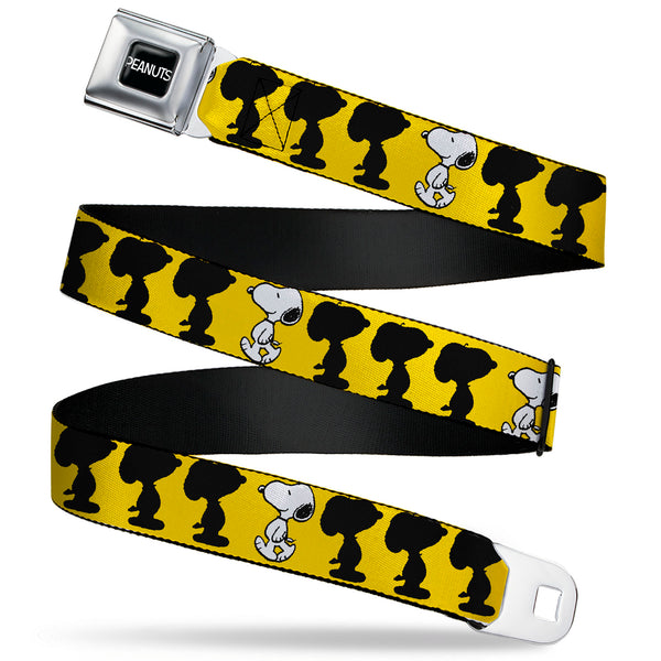 buckle down PEANUTS Title Logo Full Color Black/White Seatbelt Belt - Peanuts Snoopy Walking/Silhouette Pose Yellow/Black/White Webbing