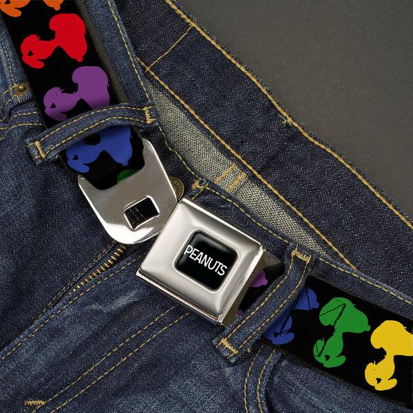 Buckle Down PEANUTS Title Logo Full Color Black/White Seatbelt Belt - Peanuts Snoopy Silhoutte Pose Black/Rainbow Multi Color Webbing