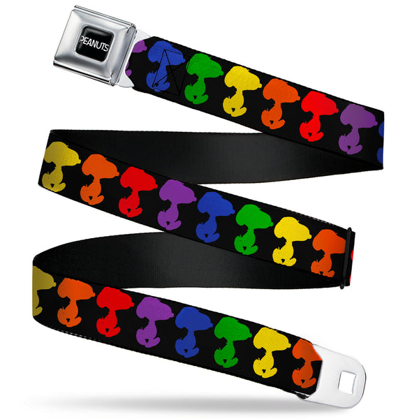 buckle down PEANUTS Title Logo Full Color Black/White Seatbelt Belt - Peanuts Snoopy Silhoutte Pose Black/Rainbow Multi Color Webbing