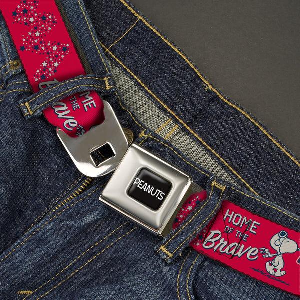 Buckle Down PEANUTS Title Logo Full Color Black/White Seatbelt Belt - Peanuts Gang AMERICAN SUMMER Poses Red/Blue/White Webbing