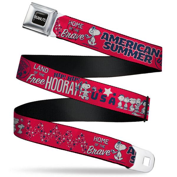 buckle down PEANUTS Title Logo Full Color Black/White Seatbelt Belt - Peanuts Gang AMERICAN SUMMER Poses Red/Blue/White Webbing