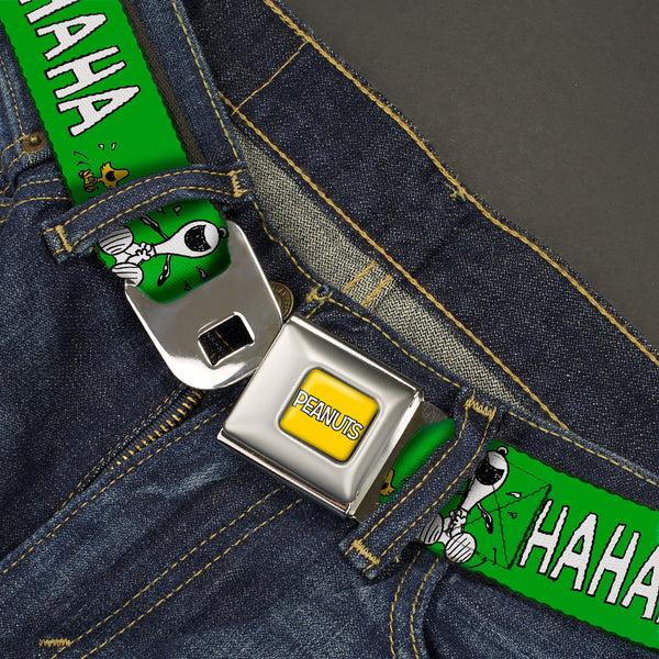 Buckle Down PEANUTS Title Logo Full Color Yellow/White Seatbelt Belt - Peanuts Snoopy And Woodstock Laughing HAHA Pose Green Webbing