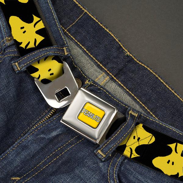 Buckle Down PEANUTS Title Logo Full Color Yellow/White Seatbelt Belt - Peanuts Woodstock Face Flip Black/Yellow Webbing