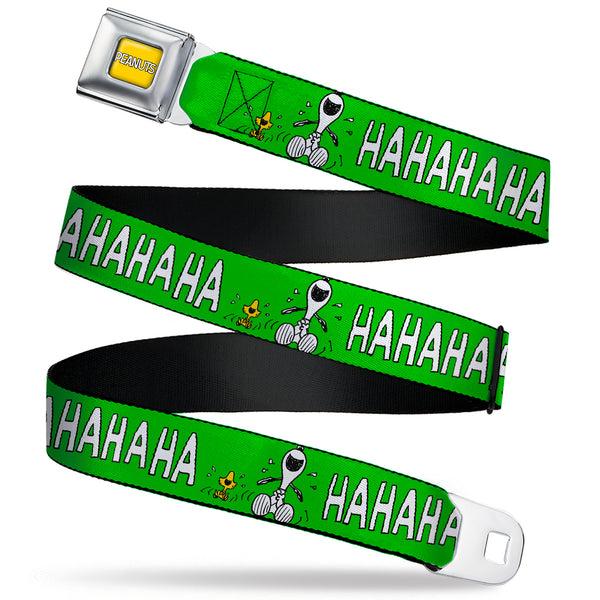 buckle down PEANUTS Title Logo Full Color Yellow/White Seatbelt Belt - Peanuts Snoopy and Woodstock Laughing HAHA Pose Green Webbing