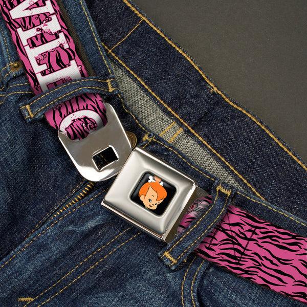 Buckle Down Pebbles Face1 Full Color Black Seatbelt Belt - Pebbles Face/Pose WILD CHILD Pink/Black/White Webbing