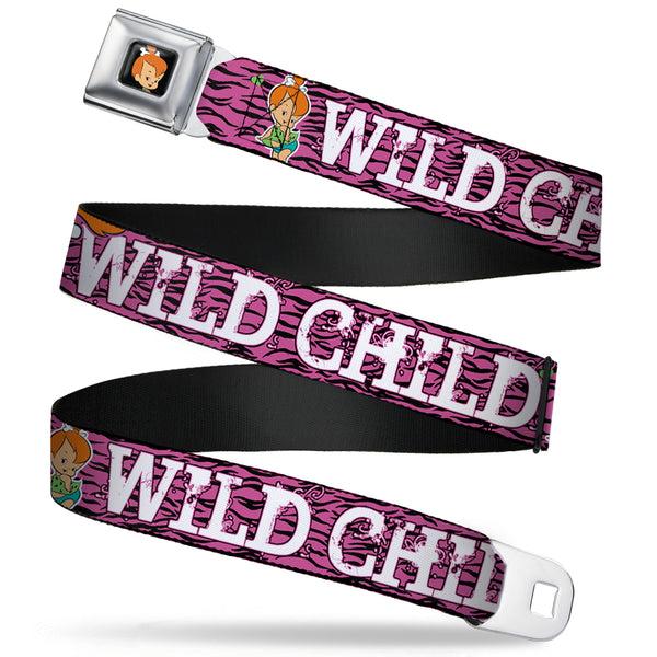 buckle down Pebbles Face1 Full Color Black Seatbelt Belt - Pebbles Face/Pose WILD CHILD Pink/Black/White Webbing