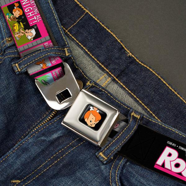 Buckle Down Pebbles Face1 Full Color Black Seatbelt Belt - The Flintstones Tabloid - ROCK PEBBLES OUT OF CONTROL Webbing