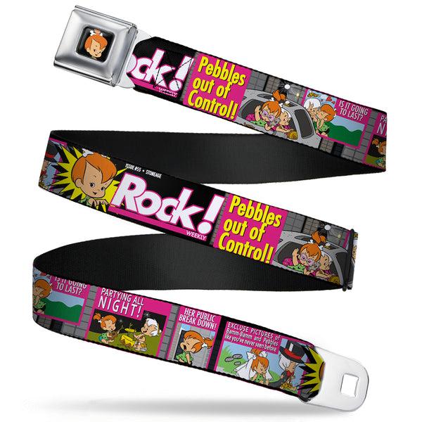 buckle down Pebbles Face1 Full Color Black Seatbelt Belt - The Flintstones Tabloid - ROCK PEBBLES OUT OF CONTROL Webbing