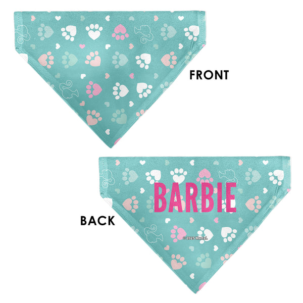 Buckle Down Pet Bandana - BARBIE Bold Text Paw Print Icons Blues/Pinks/White