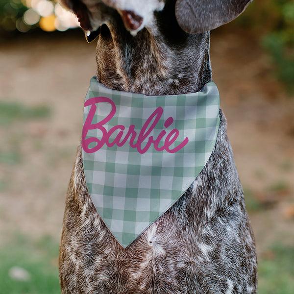 Buckle Down Pet Bandana - BARBIE Script Plaid Beige/Olive/Pink