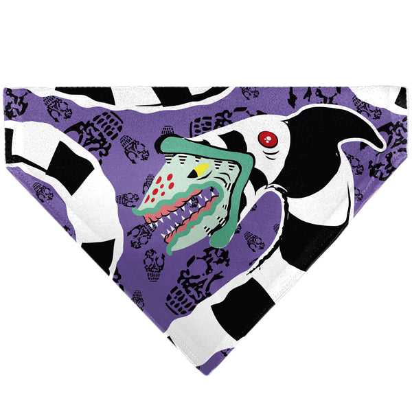 buckle down Pet Bandana - Beetlejuice Sandworm Pose and Skulls Icon Purple/Black