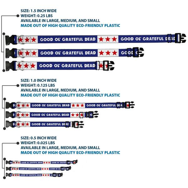Buckle Down Plastic Clip Collar - GOOD OL' GRATEFUL DEAD Text And Stars Blue/White/Red