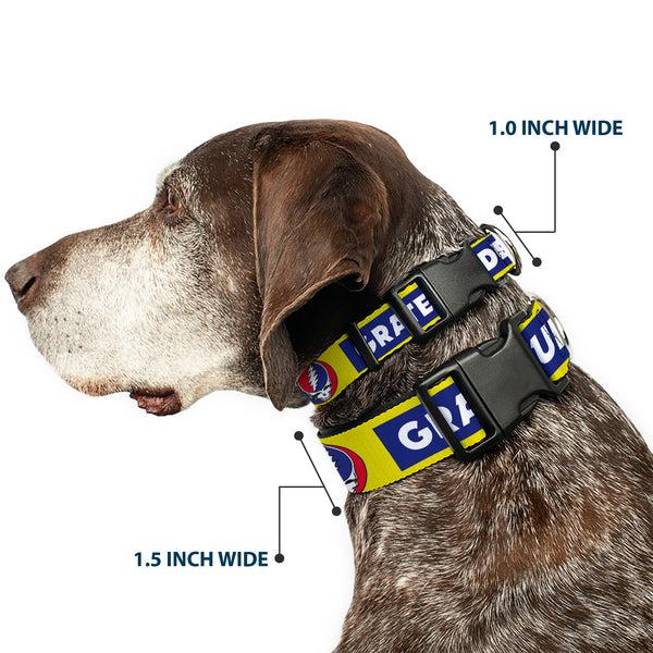 Buckle Down Plastic Clip Collar - GRATEFUL DEAD Text Box And Steal Your Face Logo Yellow/Blue/White