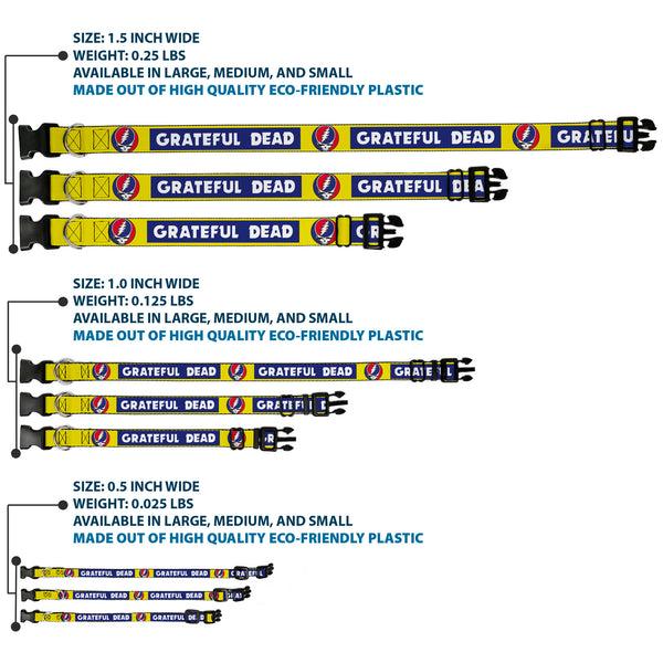 Buckle Down Plastic Clip Collar - GRATEFUL DEAD Text Box And Steal Your Face Logo Yellow/Blue/White