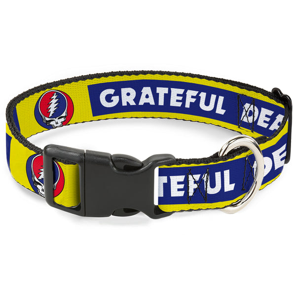 buckle down Plastic Clip Collar - GRATEFUL DEAD Text Box and Steal Your Face Logo Yellow/Blue/White
