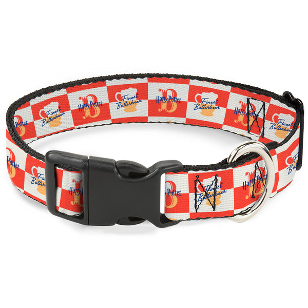 buckle down Plastic Clip Collar - HARRY POTTER FINEST BUTTERBEER Logo and Mug Checker Red/White/Yellow