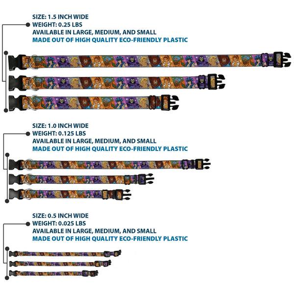 Buckle Down Plastic Clip Collar - Masters Of The Universe Character Block Stripe Poses Multi Color