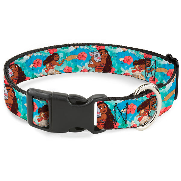 buckle down Plastic Clip Collar - Moana Poses and Pua Flowers Blues