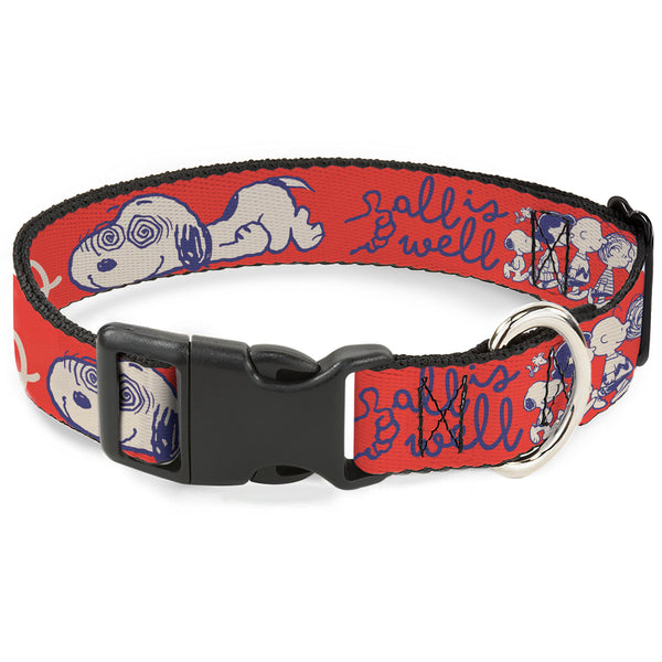buckle down Plastic Clip Collar - Peanuts Gang SEMI-POSITIVE VIBES Quote Red/Blues/White