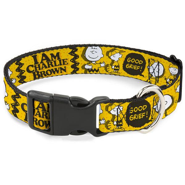 buckle down Plastic Clip Collar - Peanuts I AM CHARLIE BROWN Poses and Zig Zag Stripe Yellows/Black