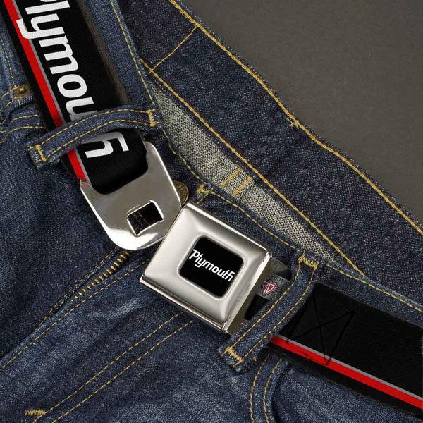 Buckle Down PLYMOUTH Text Logo Full Color Black White Seatbelt Belt - PLYMOUTH Text/Stripe Black/White/Gray/Red Webbing