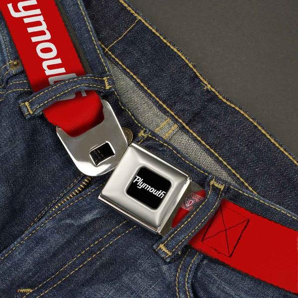 Buckle Down PLYMOUTH Text Logo Full Color Black White Seatbelt Belt - PLYMOUTH Text Logo Red/White Webbing