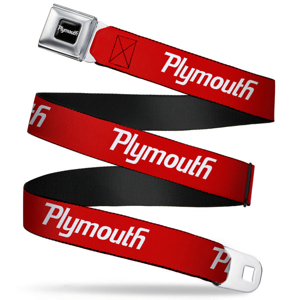 buckle down PLYMOUTH Text Logo Full Color Black White Seatbelt Belt - PLYMOUTH Text Logo Red/White Webbing